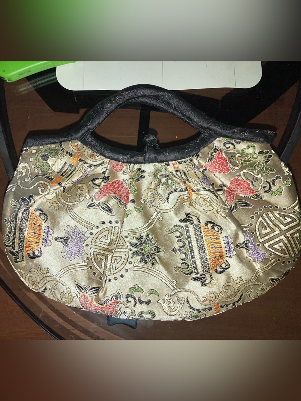 Elegant Floral Jacquard Evening Handbag in Cream and Black